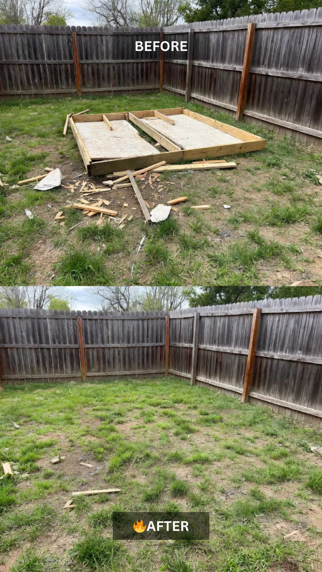 Before and after yard debris removal in Bentonville, AR showing backyard cleared of wood and construction scraps