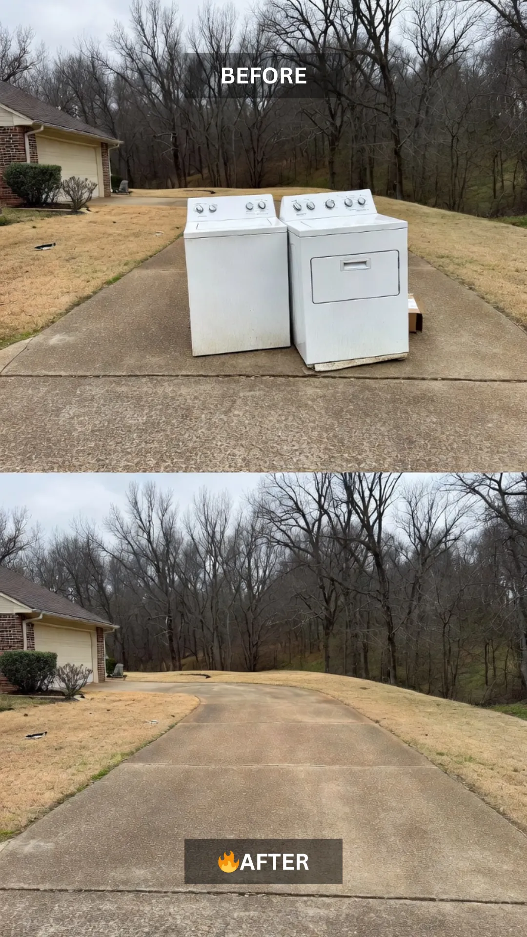 Before and after appliance removal in Bentonville, AR showing washer and dryer hauled away