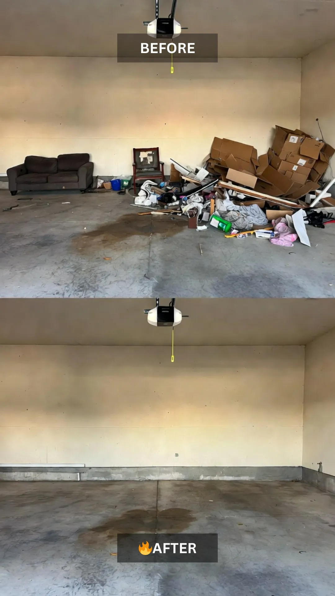 Before and after garage cleanout in Rogers, AR with boxes and debris fully removed