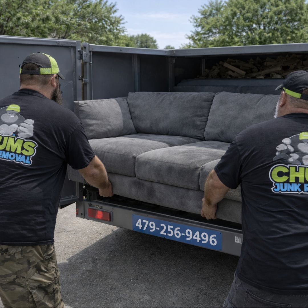 Chums Junk Removal crew loading a sofa into their trailer in Bentonville Arkansas