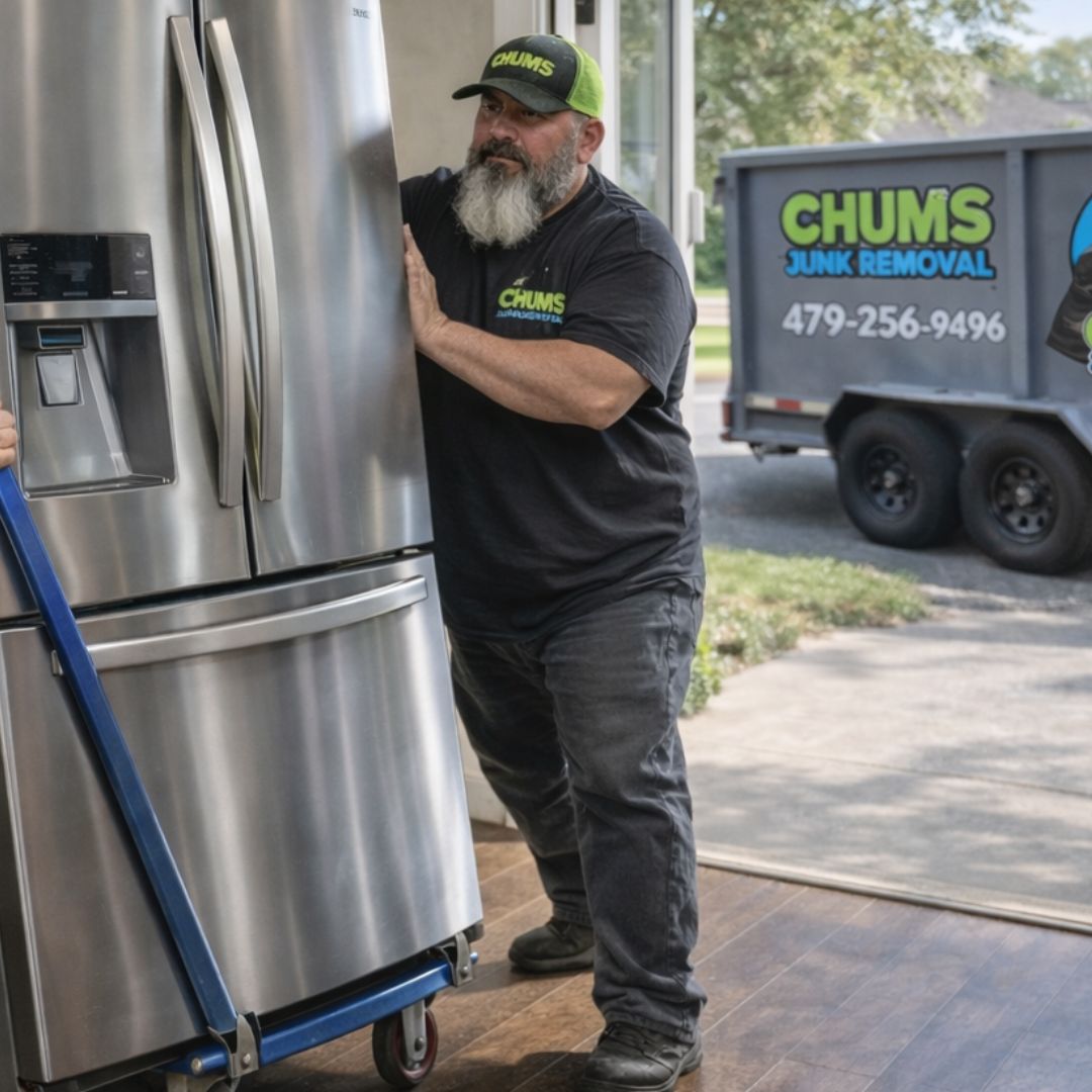 Chums Junk Removal crew removing a refrigerator from a home in Rogers Arkansas