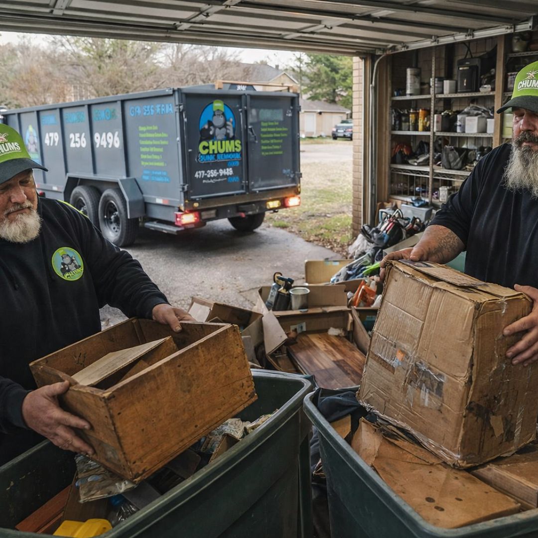 Chums Junk Removal crew clearing out a cluttered garage in Northwest Arkansas