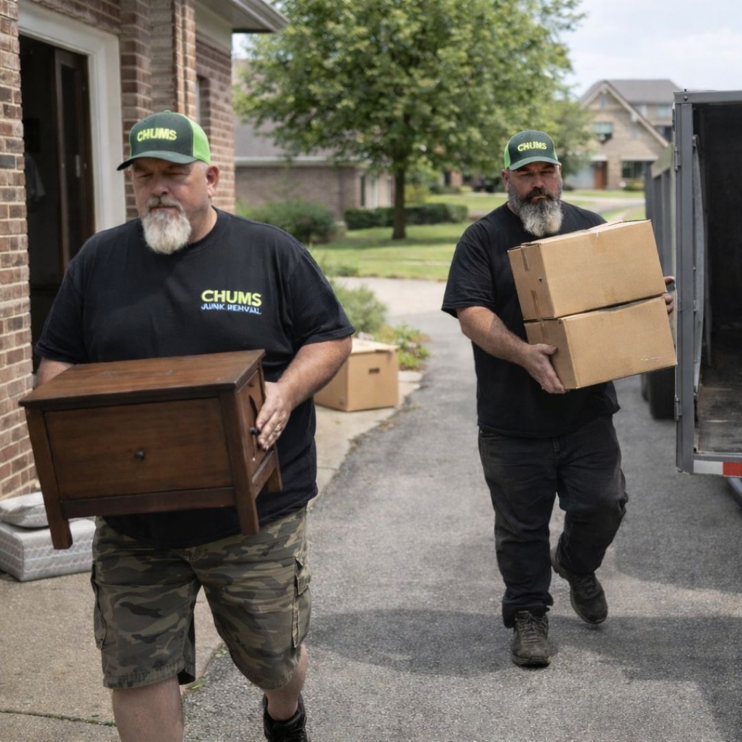Chums Junk Removal team removing furniture from a home in Rogers Arkansas