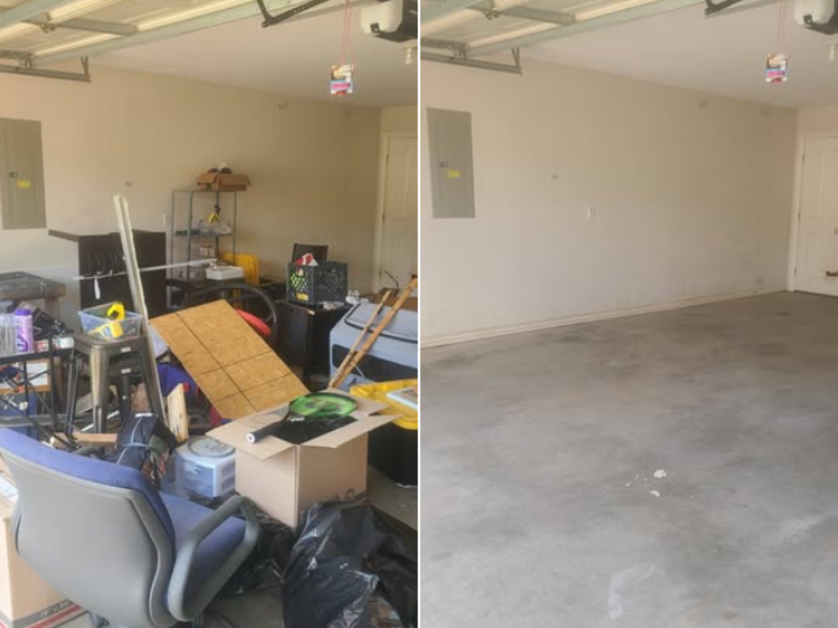 Before and after garage cleanout in Garfield, AR by Chums Junk Removal
