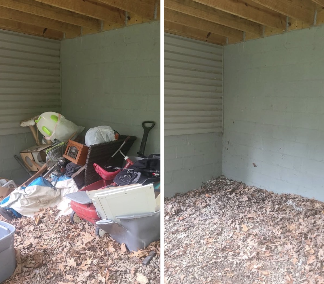 Before and after shed cleanout in Garfield, AR by Chums Junk Removal
