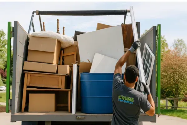 Household furniture and boxes being loaded into an open dump-style trailer during a junk removal job