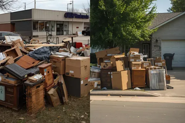 Residential and commercial junk removal items staged outside different properties
