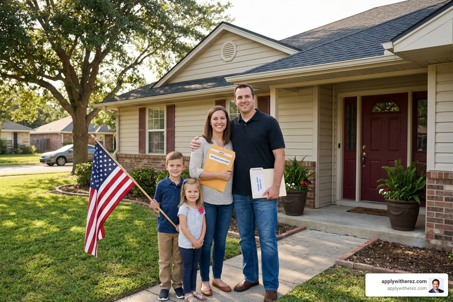 veteran family standing in front of their home with VA streamline refinance documents