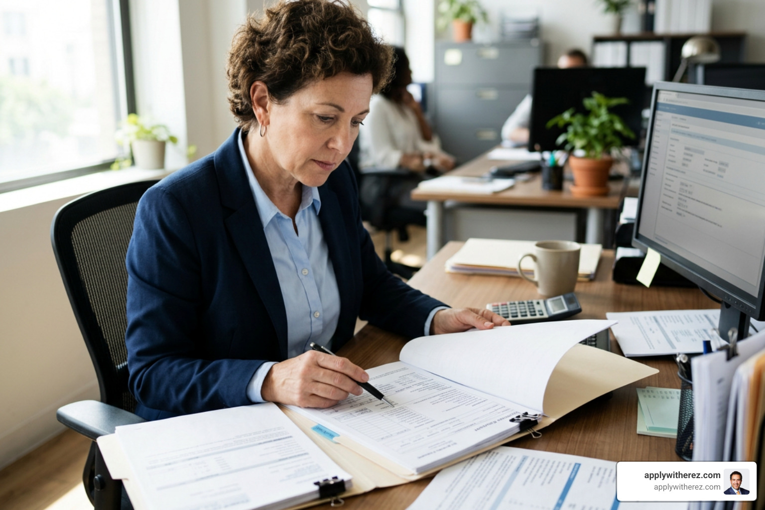 Mortgage underwriter reviewing income, debt ratios, and credit reports