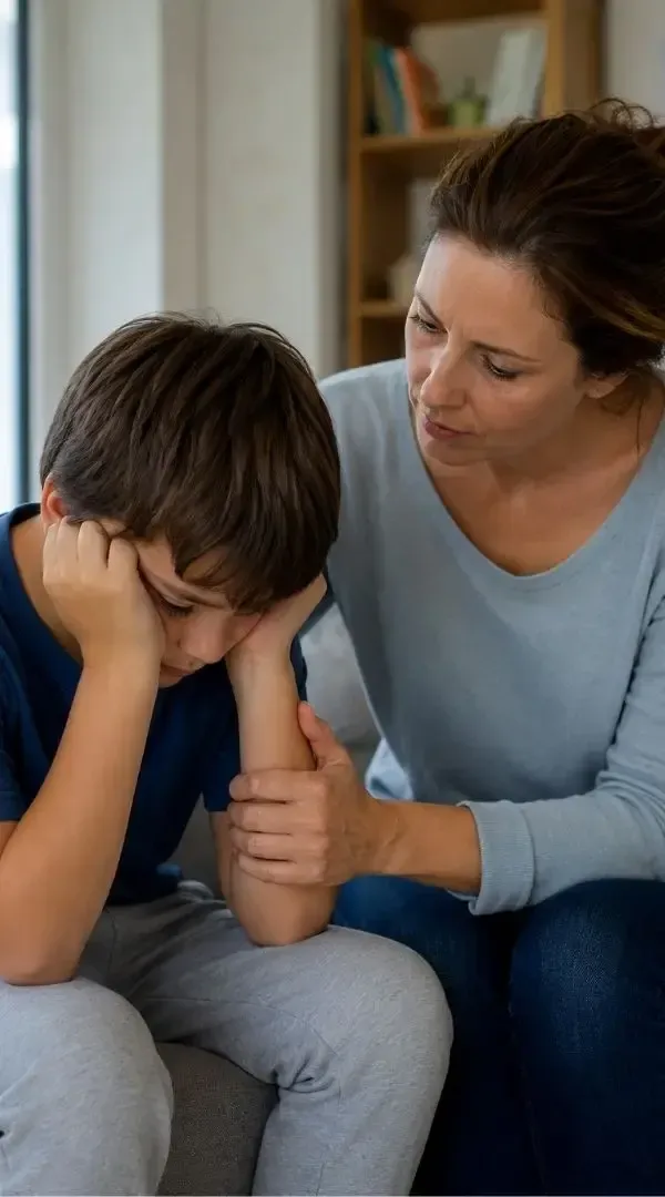 Calm parent reflecting with notes about their child