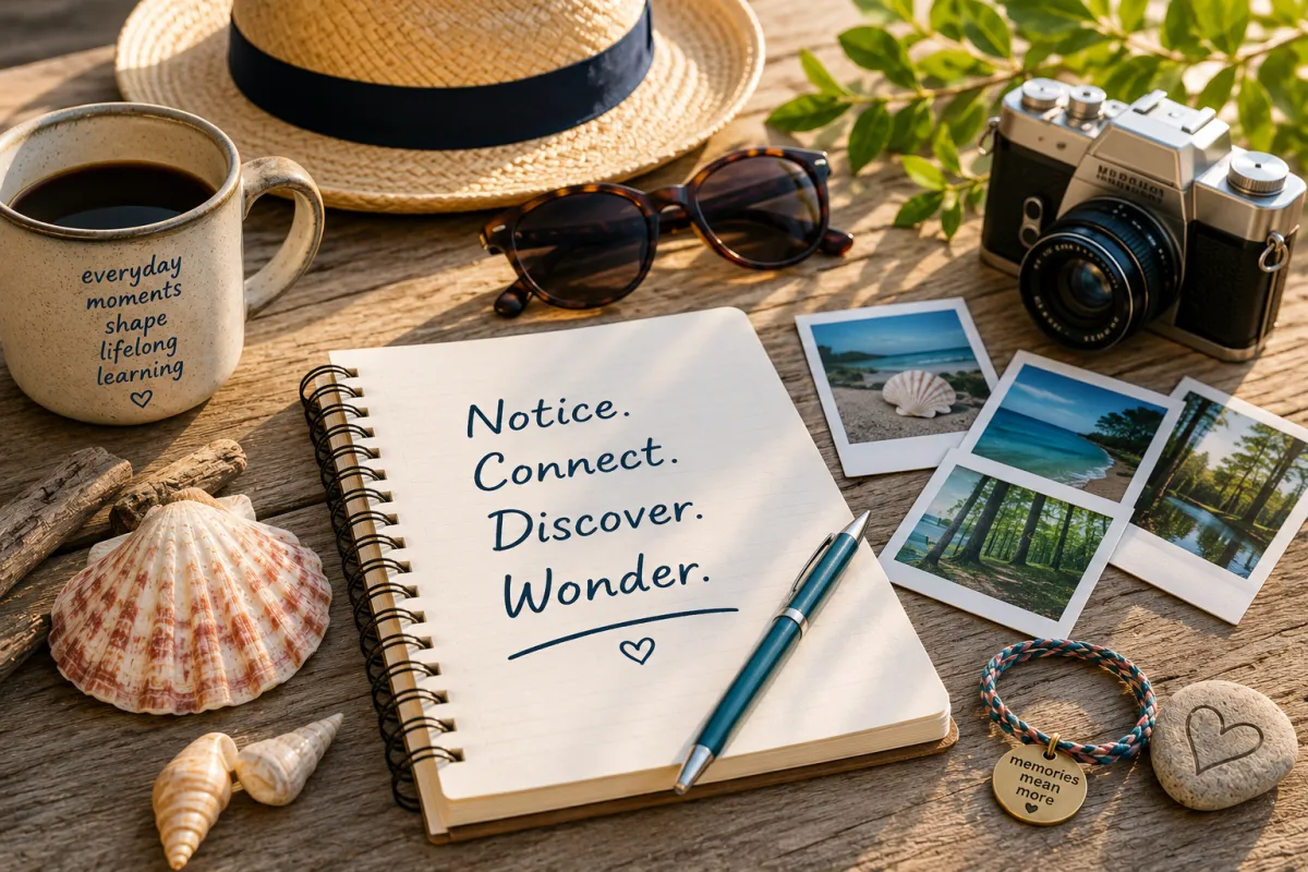 Journal displaying "Notice, Connect, Discover, Wonder" beside summer keepsakes including seashells, a friendship bracelet, and a camera, symbolizing how children learn through everyday experiences.