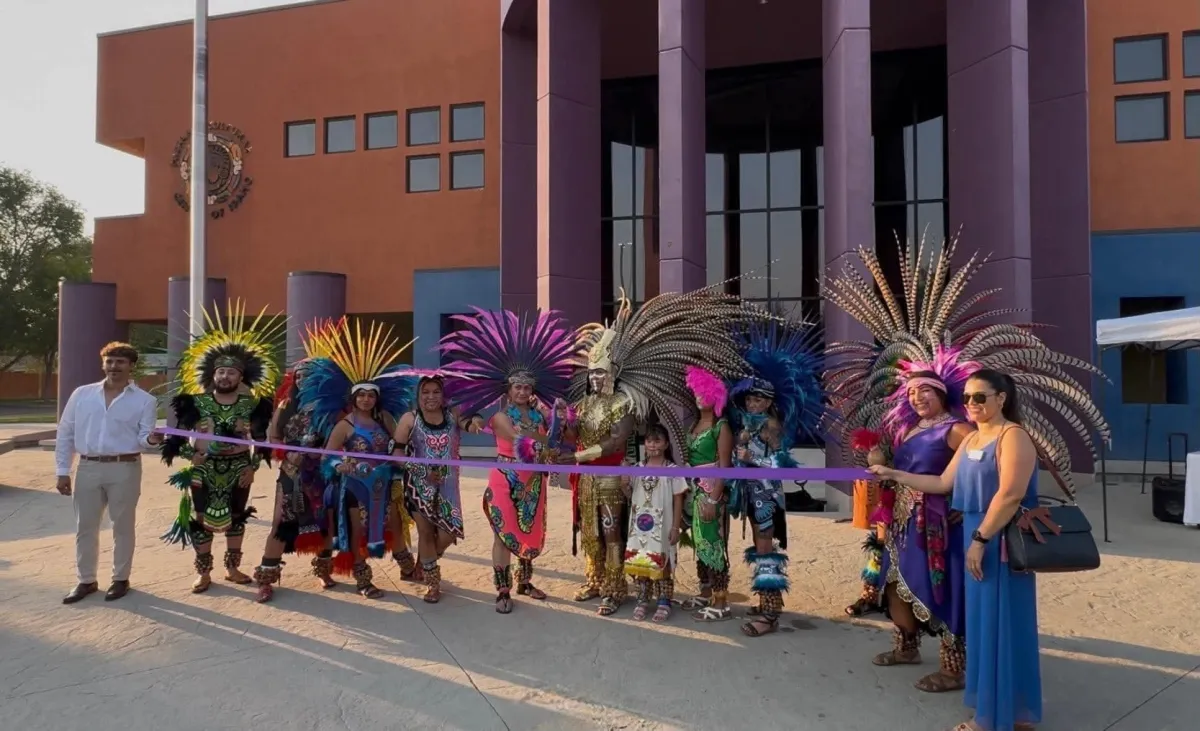 Cinematic wide photograph of Tlecoatl Danza Mexika group in regalia