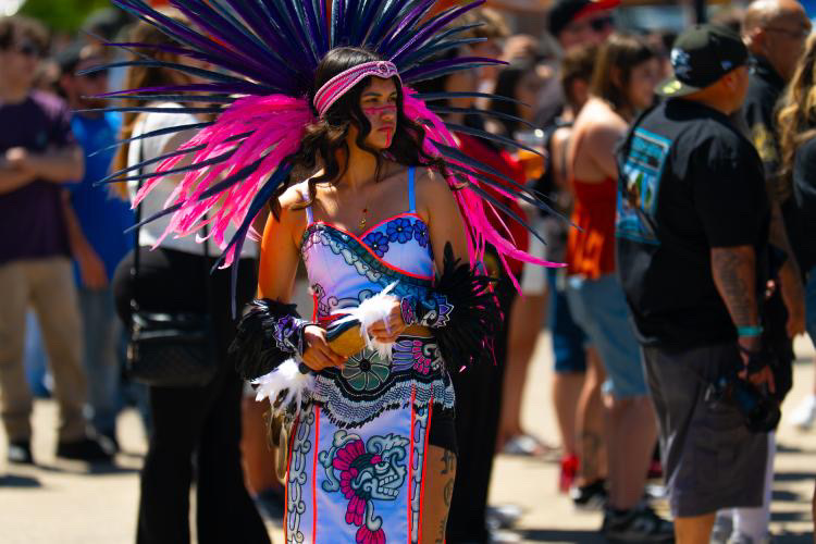 Close up of beadwork and symbols on traditional regalia