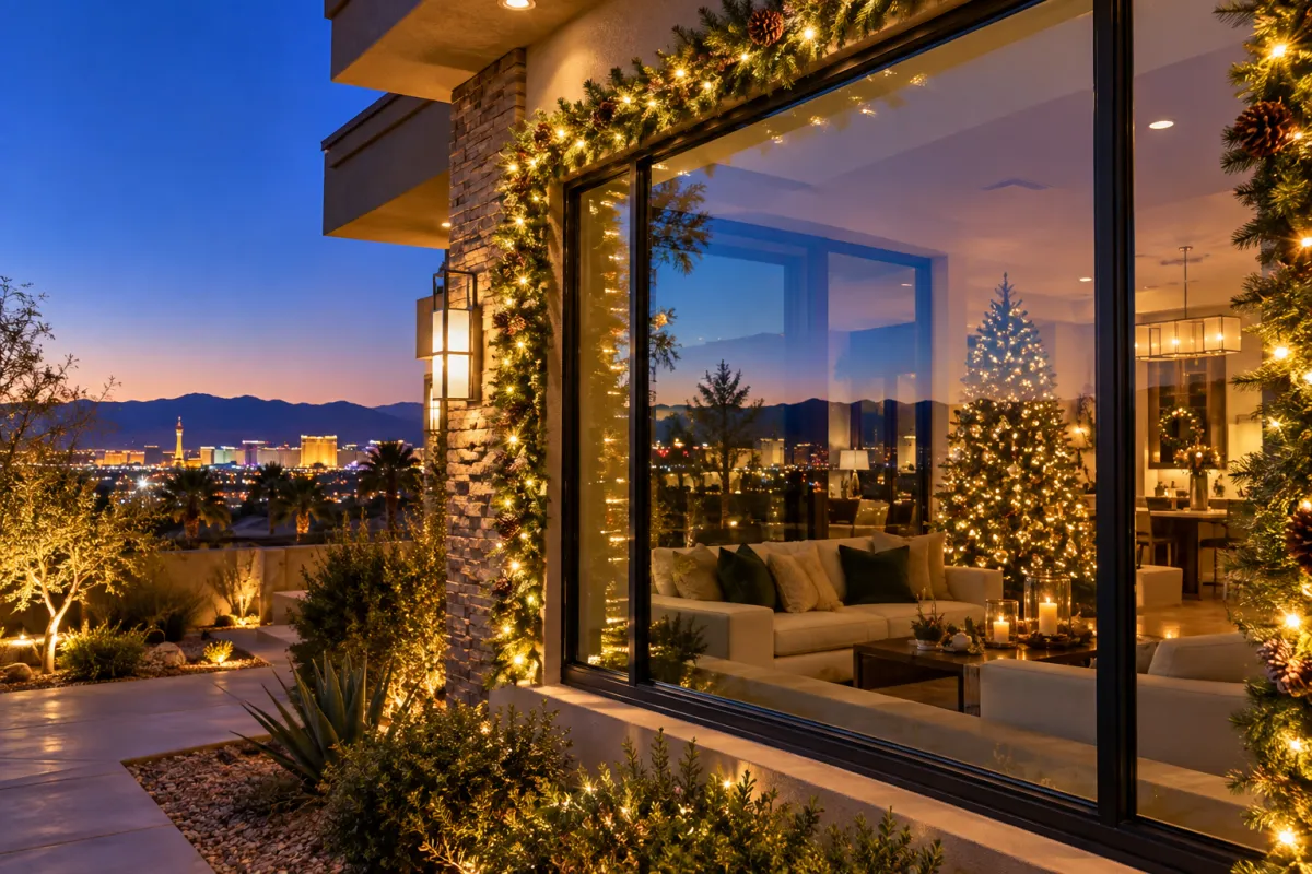 Clear windows on a Las Vegas home decorated with warm holiday lights