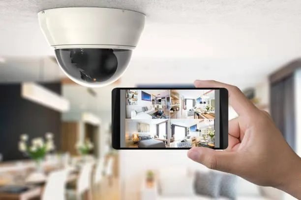 two women facing security camera above mounted on structure