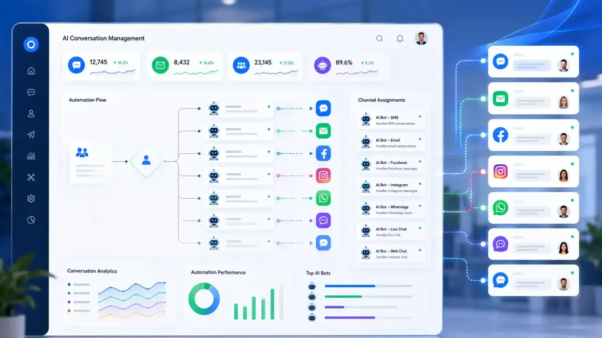 GoHighLevel Channel Management dashboard showing AI Conversation Management with direct AI bot assignments across SMS, Email, Facebook, Instagram, WhatsApp, Live Chat, and Web Chat.