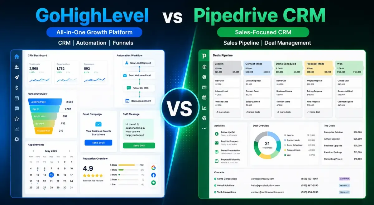 GoHighLevel vs Pipedrive CRM comparison showing an all-in-one growth platform and sales-focused CRM