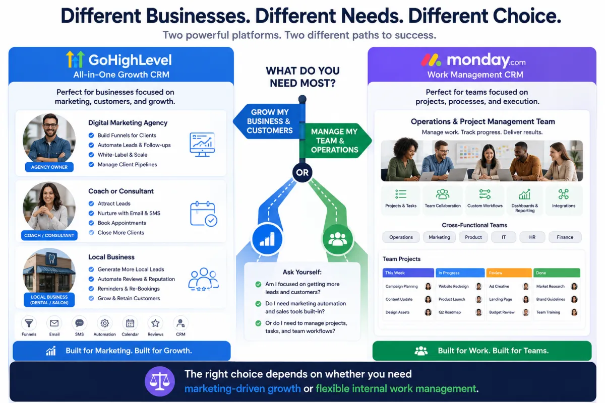 GoHighLevel vs Monday CRM comparison for agencies, coaches, local businesses, and project management teams