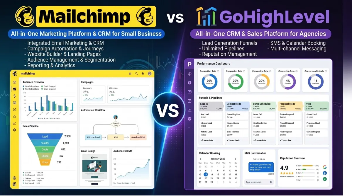 Mailchimp vs GoHighLevel CRM comparison showing email marketing and all-in-one CRM automation platforms