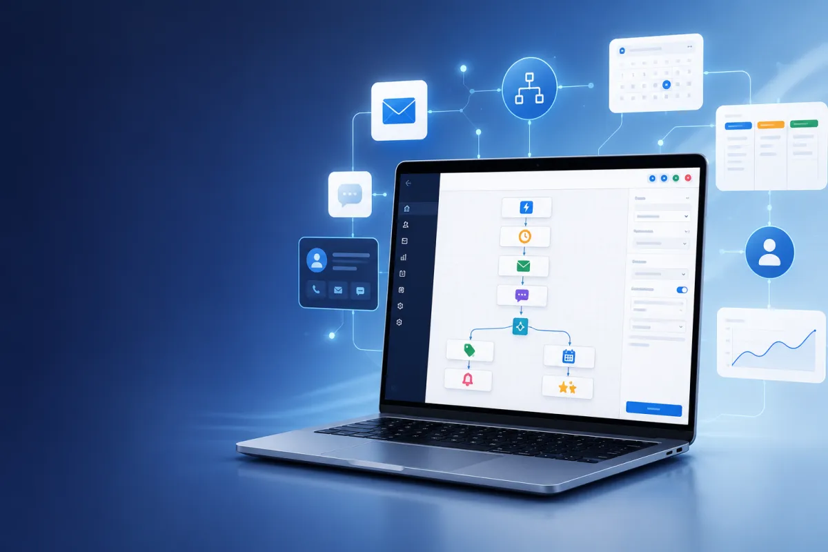 GoHighLevel Workflow Automation dashboard with workflow builder showing triggers, conditions, email, SMS, and CRM automation for business workflows