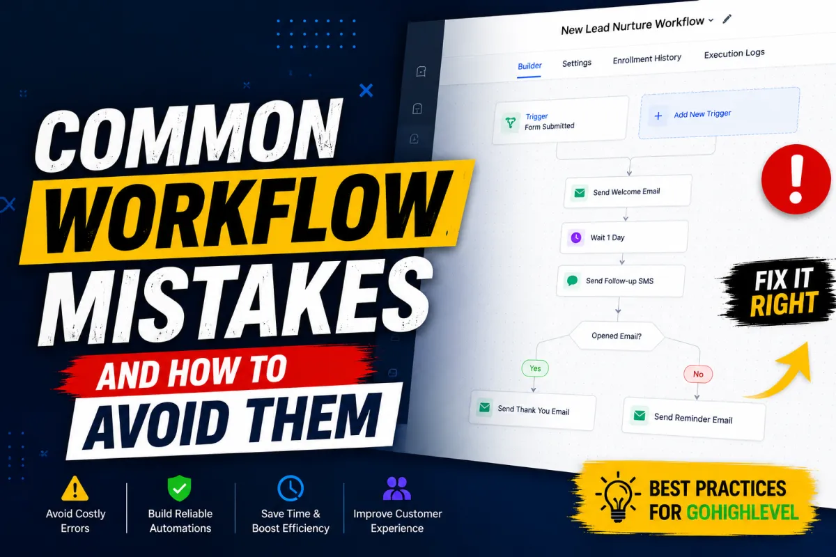 GoHighLevel workflow automation showing common workflow mistakes and best practices.