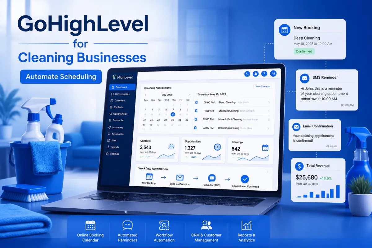 GoHighLevel for Cleaning Businesses dashboard showing automated scheduling and customer management