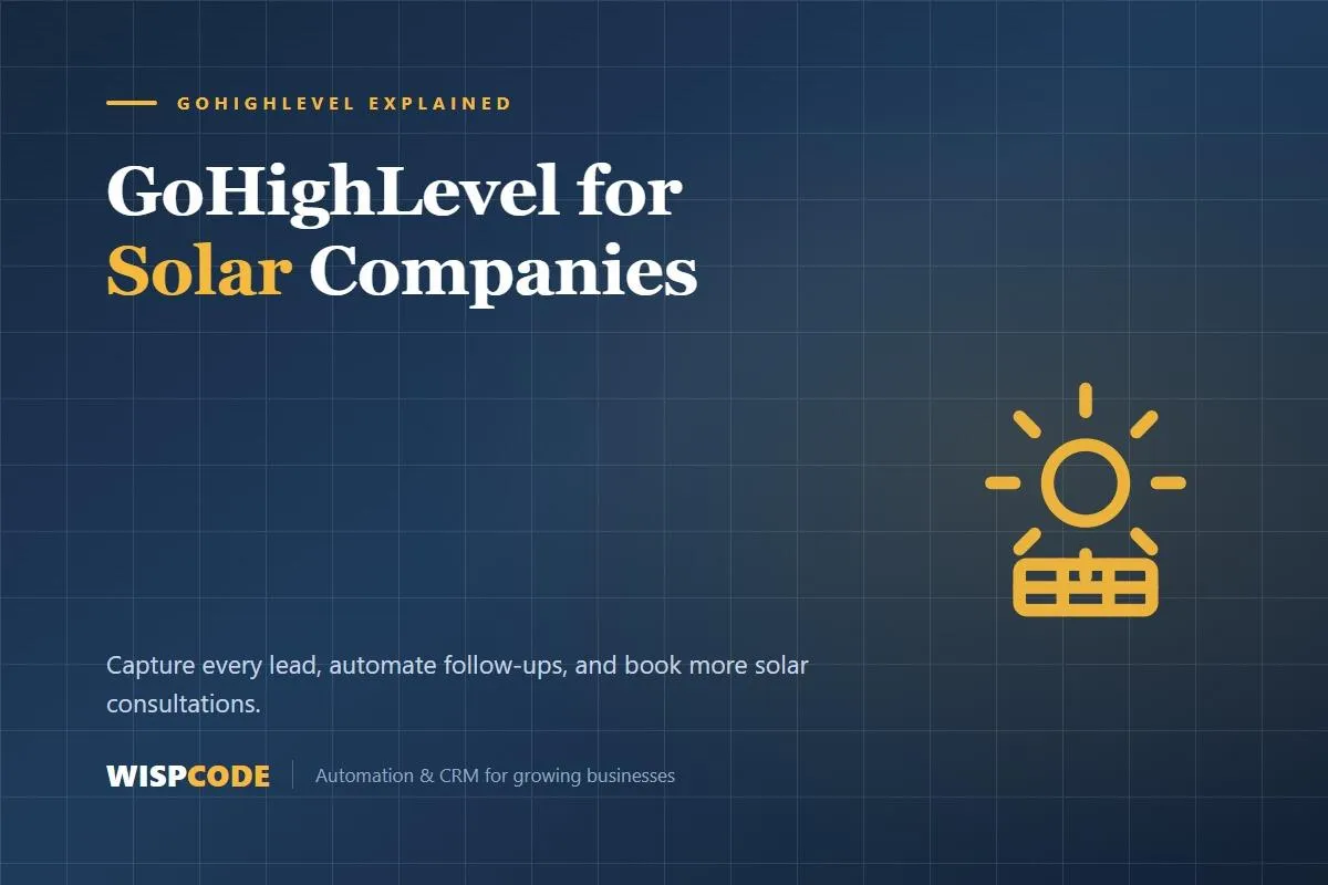 GoHighLevel dashboard showing CRM, opportunities, calendar, and reporting for solar companies