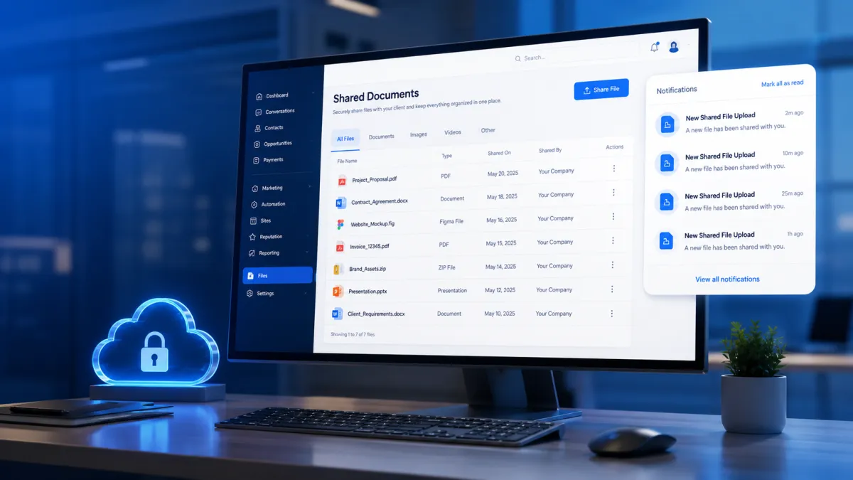 GoHighLevel Client Portal file upload notification dashboard showing shared documents and in-app notifications