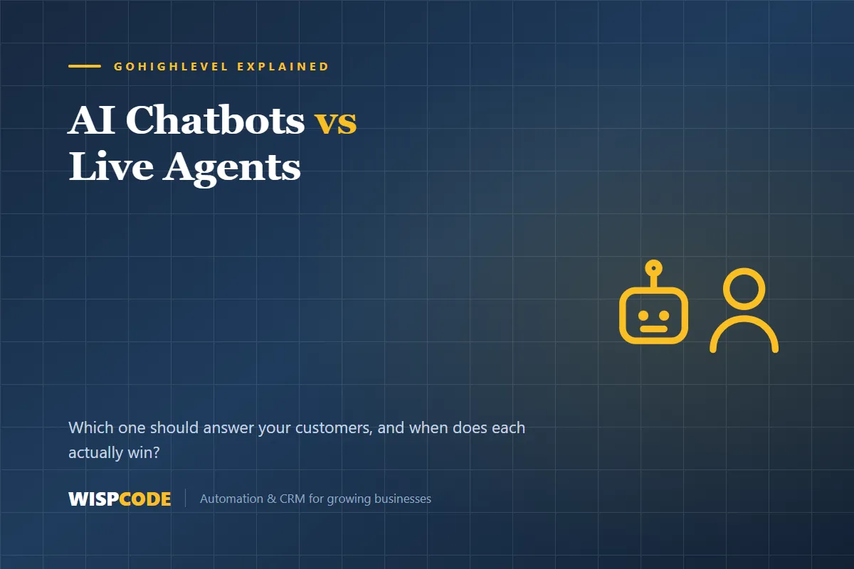 AI chatbots versus live agents illustrated on a dark blue Wispcode cover