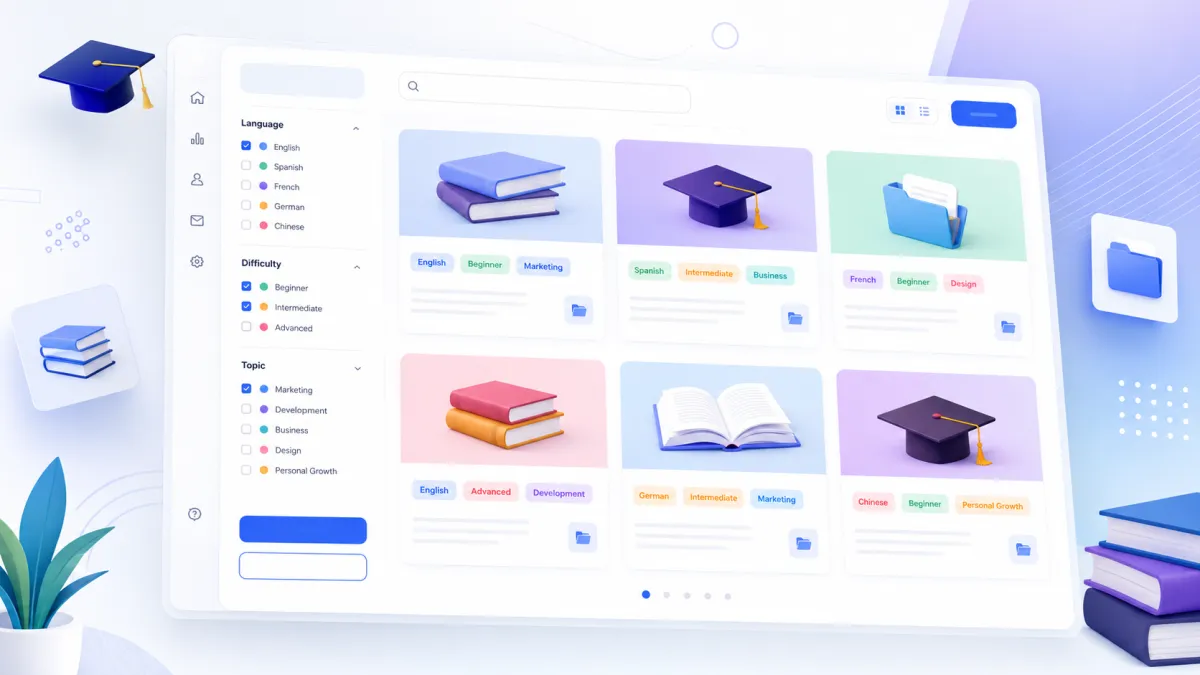 GoHighLevel Course Tags feature showing organized online courses with language, difficulty, and topic filters