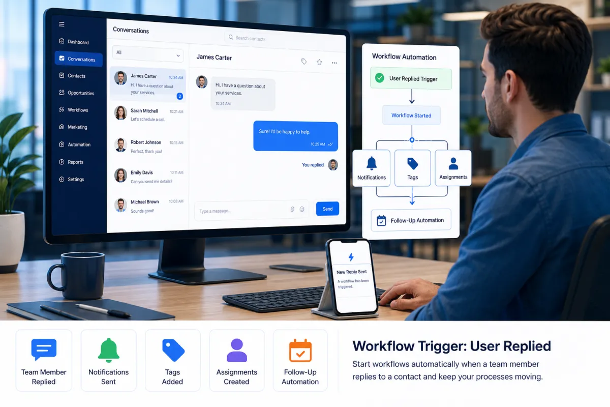 Workflow Trigger User Replied in GoHighLevel dashboard illustration