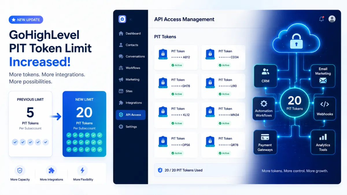 GoHighLevel Raises PIT Token Limit from 5 to 20 Per Subaccount