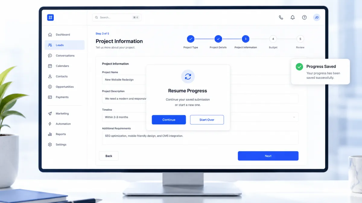 GoHighLevel Save Progress feature showing a multi-step form with a Resume Progress modal