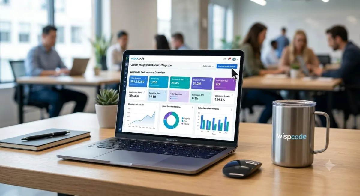 GoHighLevel Custom Reports dashboard displaying customizable business analytics, sales metrics, campaign performance charts, CRM insights, and reporting tools.