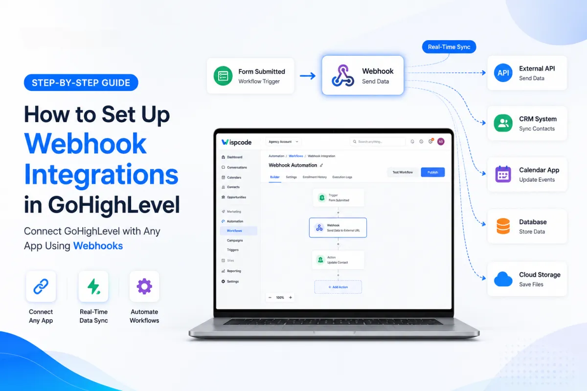 GoHighLevel workflow showing webhook integration connecting the CRM with external applications for real-time marketing automation.