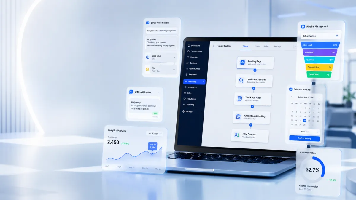 Complete Guide to GoHighLevel Funnels featuring a funnel builder dashboard, CRM integration, marketing automation, and lead generation tools