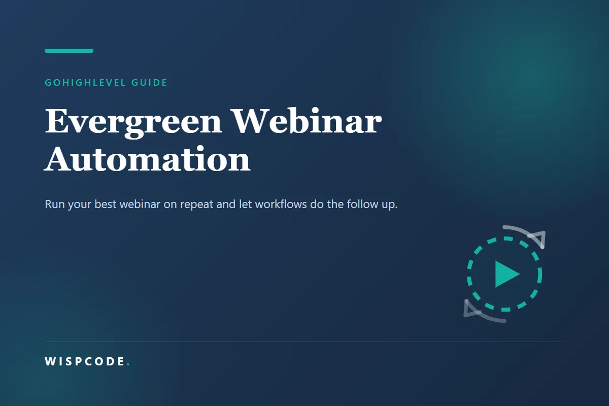 Wispcode cover graphic reading Evergreen Webinar Automation with a looping play button icon