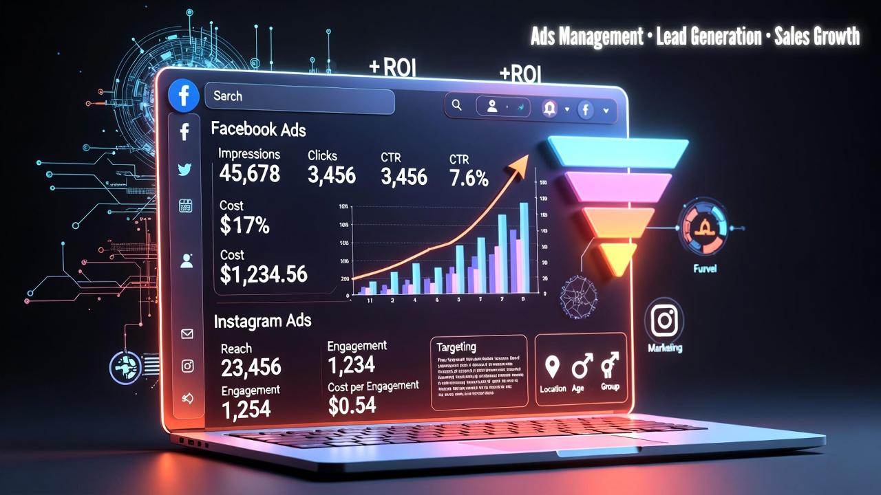 3D illustration of Meta Ads analytics integrated with GoHighLevel CRM