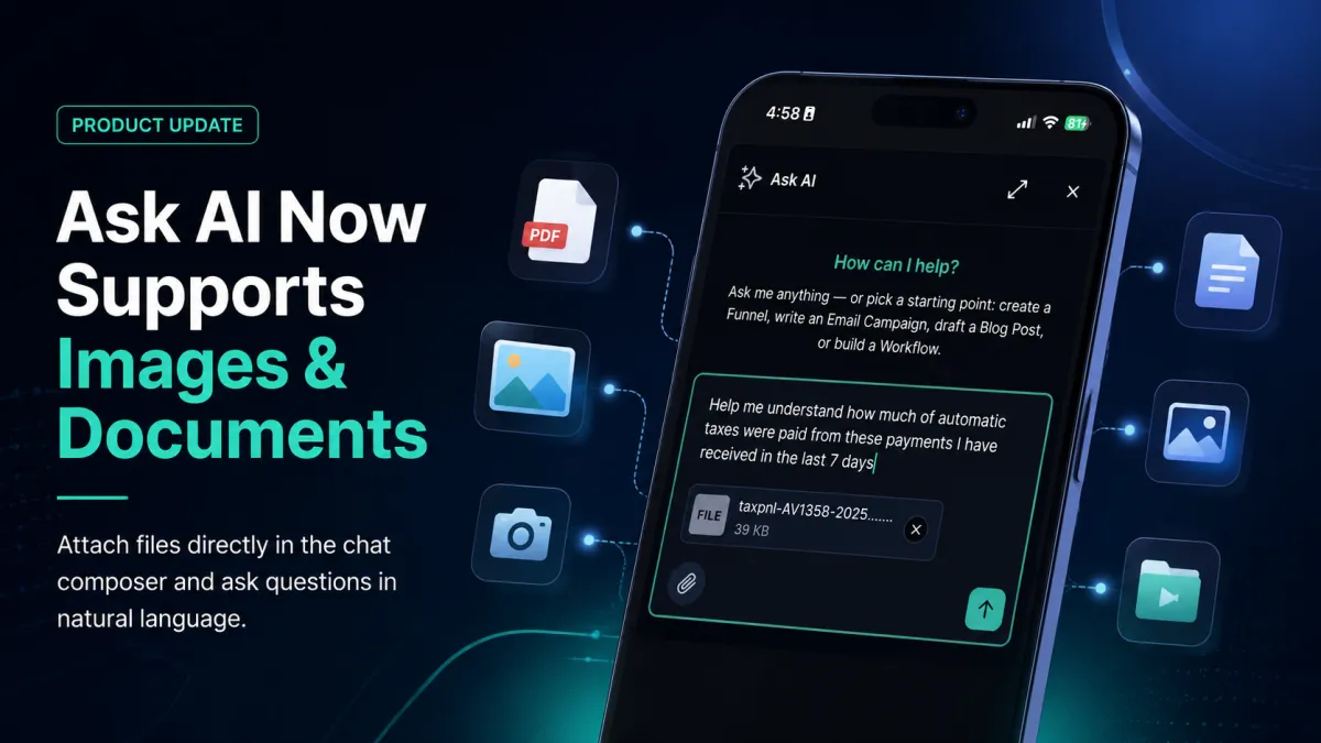 GoHighLevel Ask AI chat composer with image and document attachment support.