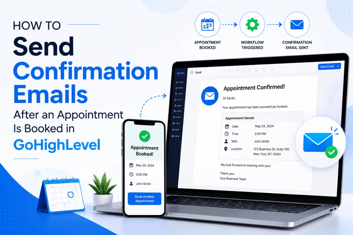 Illustration of GoHighLevel automation showing a booked appointment triggering a confirmation email workflow with a laptop displaying the email, a smartphone showing the appointment confirmation, and workflow icons.