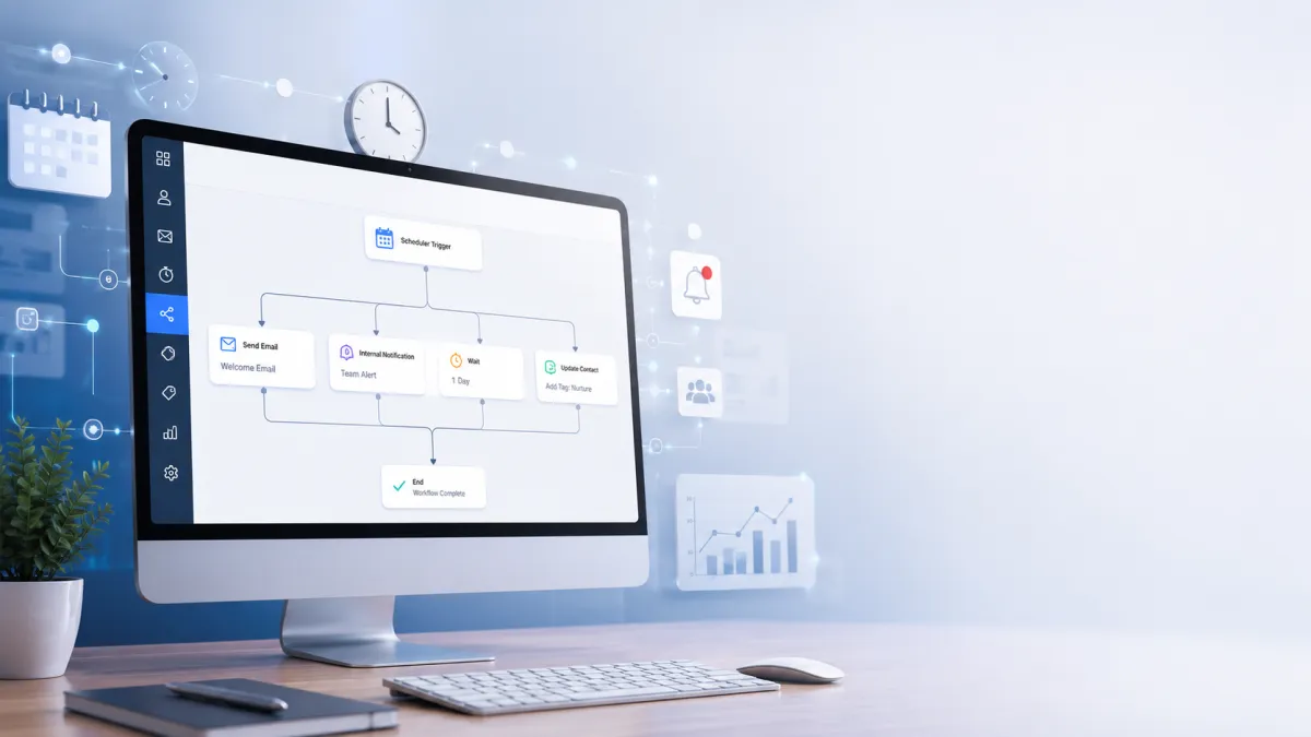 Illustration of the GoHighLevel Scheduler Trigger powering recurring workflow automation for business processes.