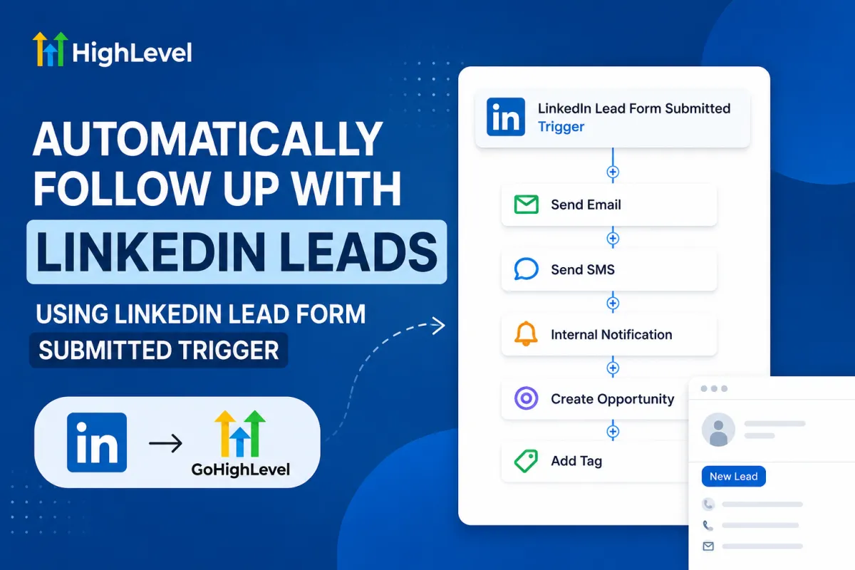 GoHighLevel workflow for automatically following up with LinkedIn leads using the LinkedIn Lead Form Submitted trigger.