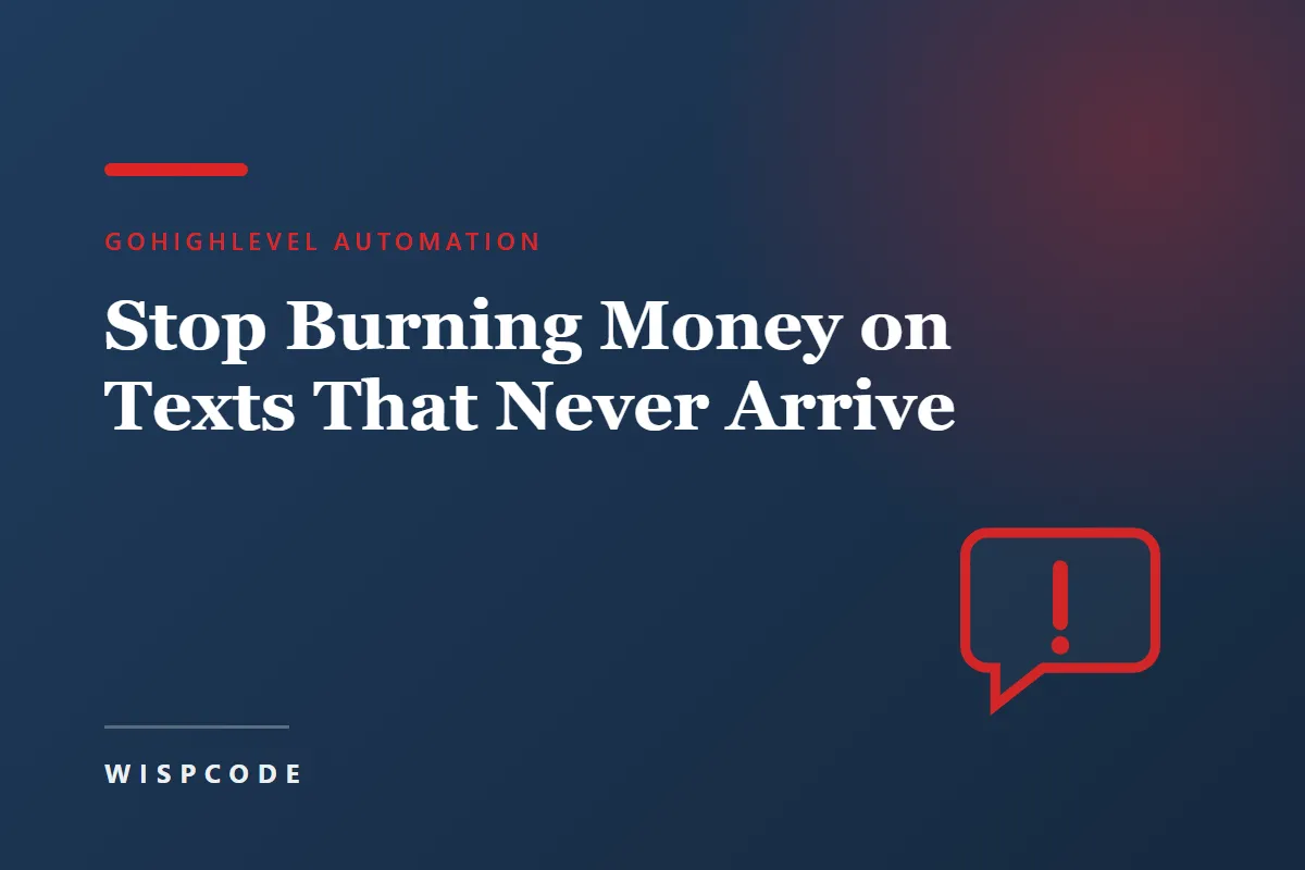 Wispcode cover graphic reading Stop Burning Money on Texts That Never Arrive with a speech bubble and exclamation mark icon