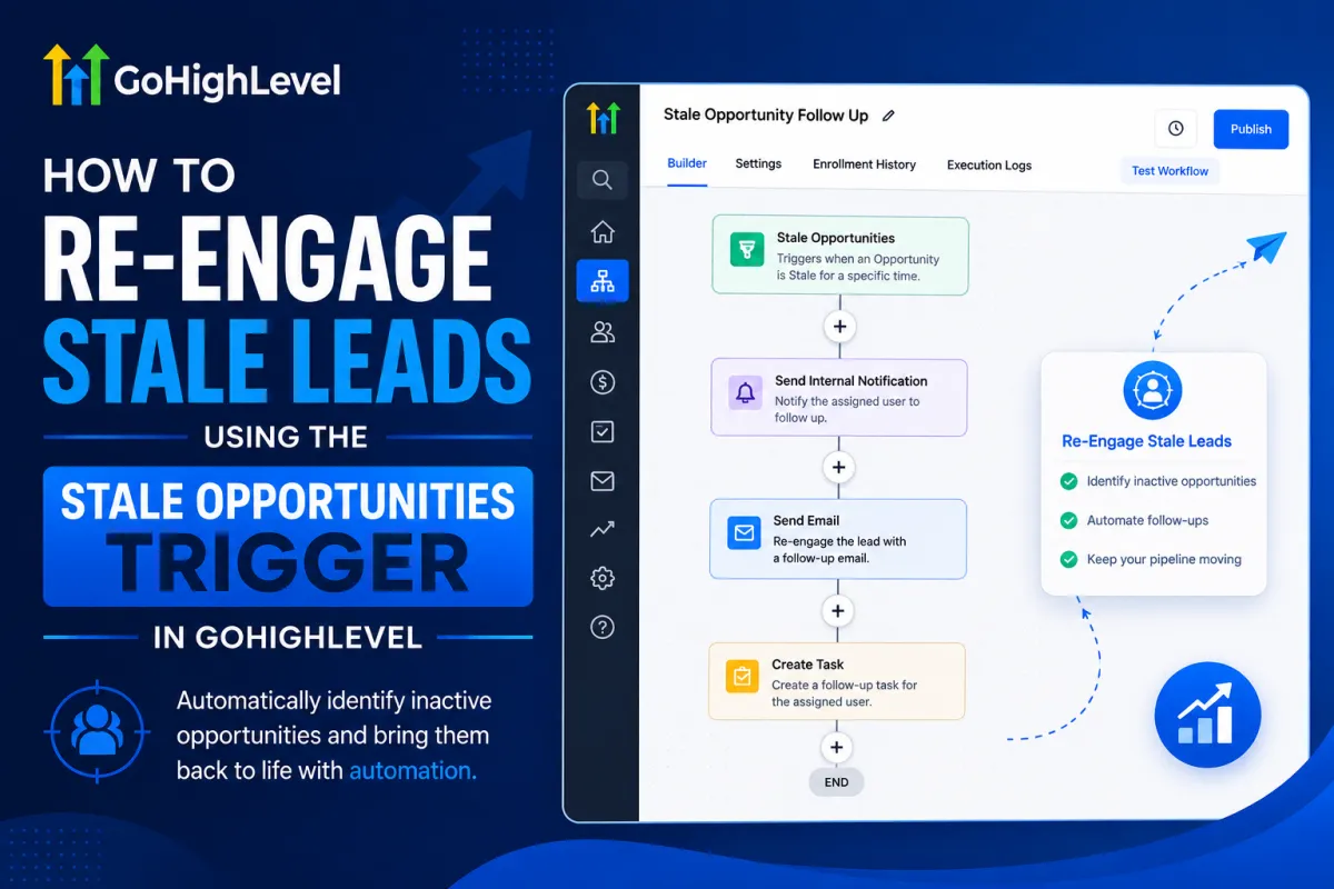 GoHighLevel Stale Opportunities Trigger workflow for re-engaging inactive leads with automated follow-ups.