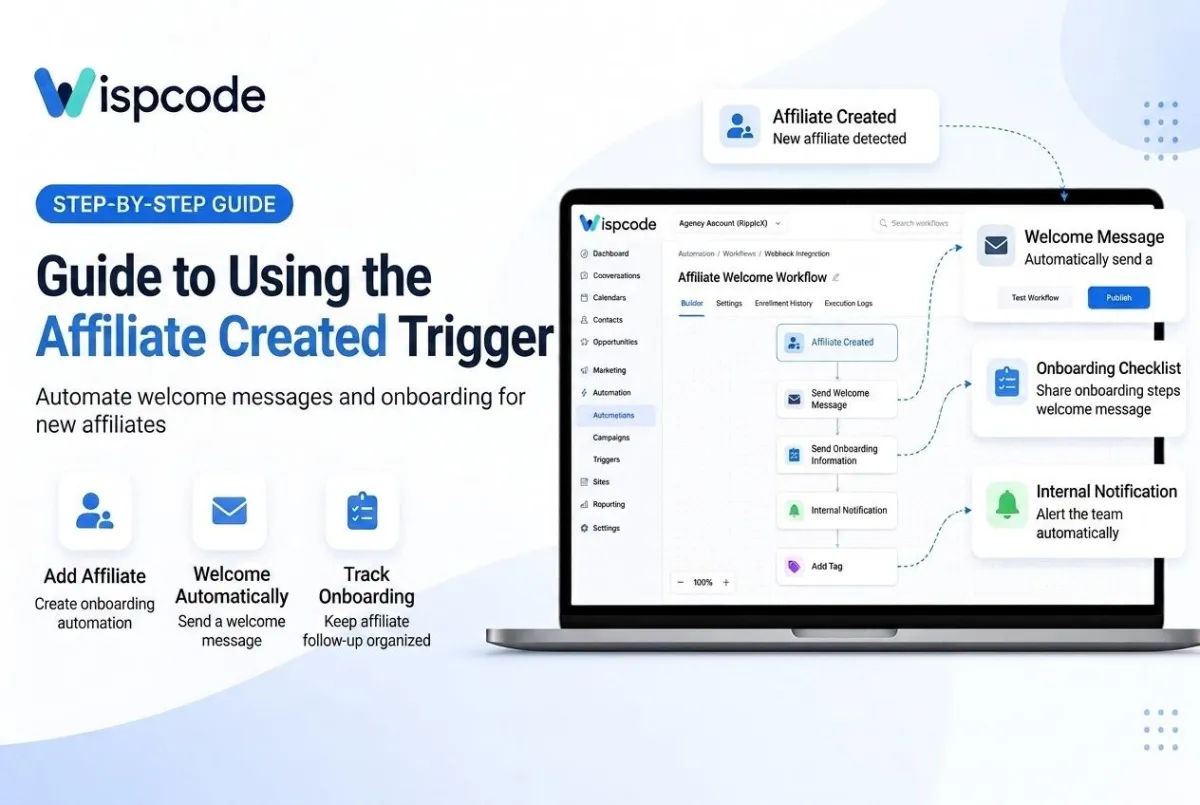 'Guide to Using the Affiliate Created Trigger,' showing an automation workflow dashboard for welcoming and onboarding new affiliates.