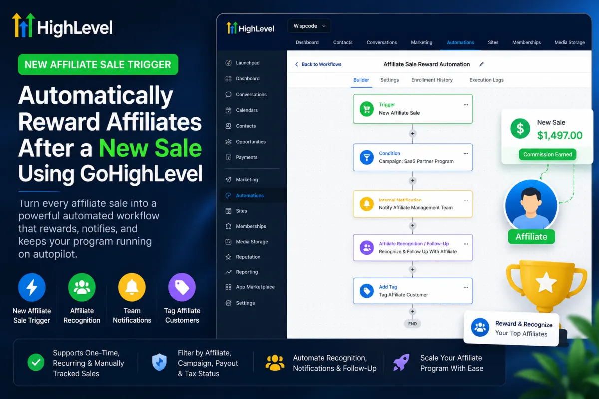 GoHighLevel New Affiliate Sale Trigger workflow for affiliate reward automation