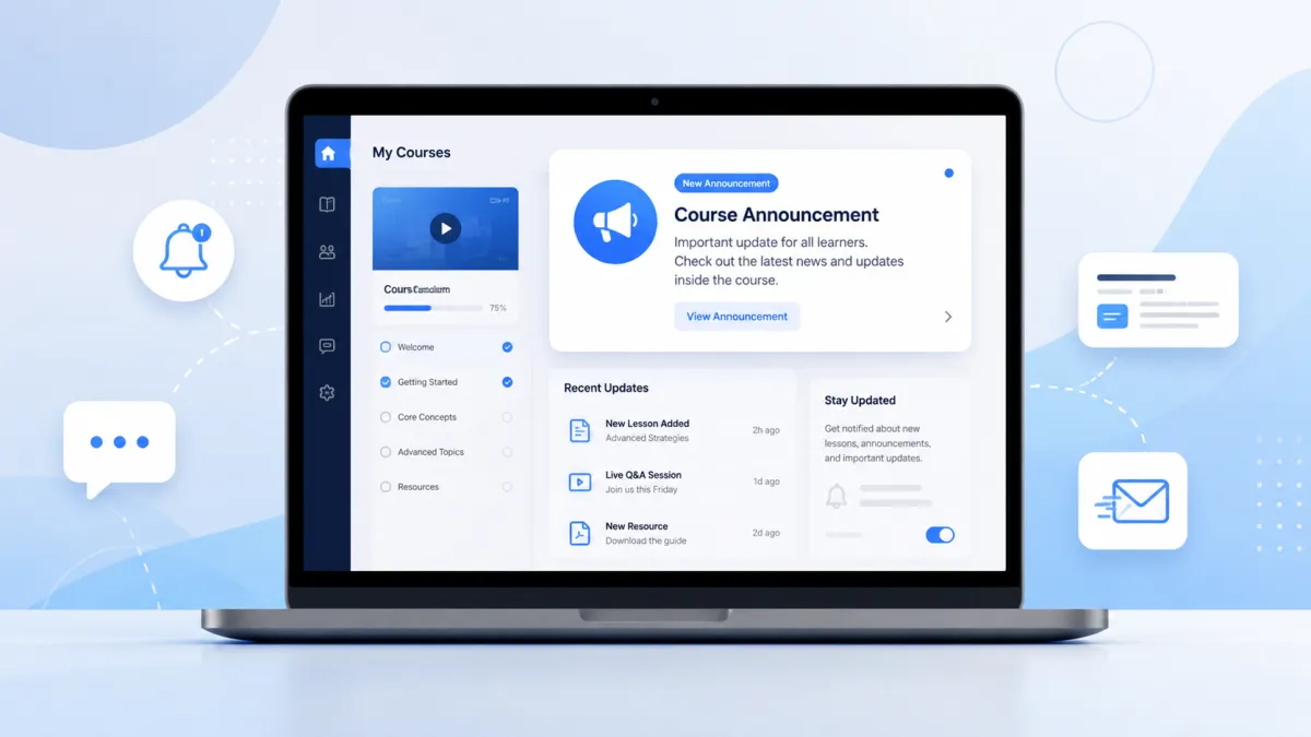 GoHighLevel Course Announcements feature showing course updates and learner notifications
