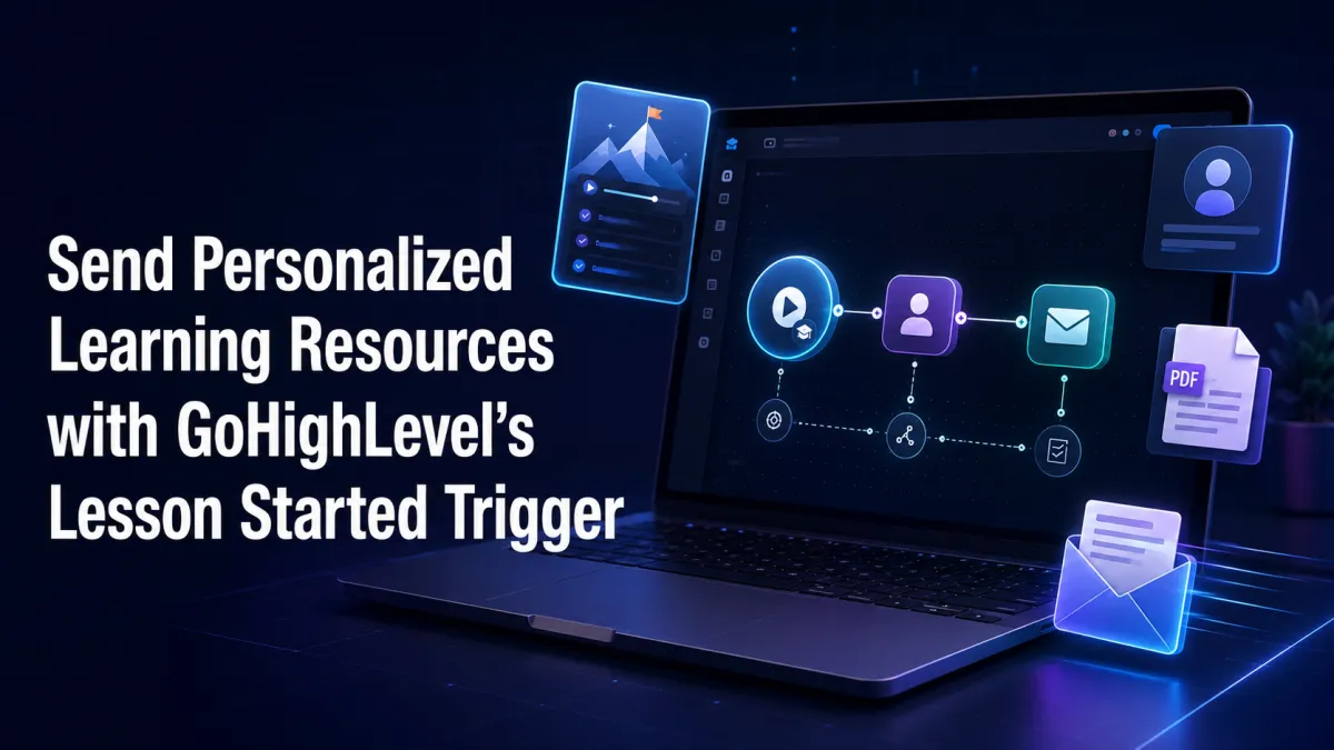 GoHighLevel Lesson Started Trigger workflow sending personalized learning resources to an online course student