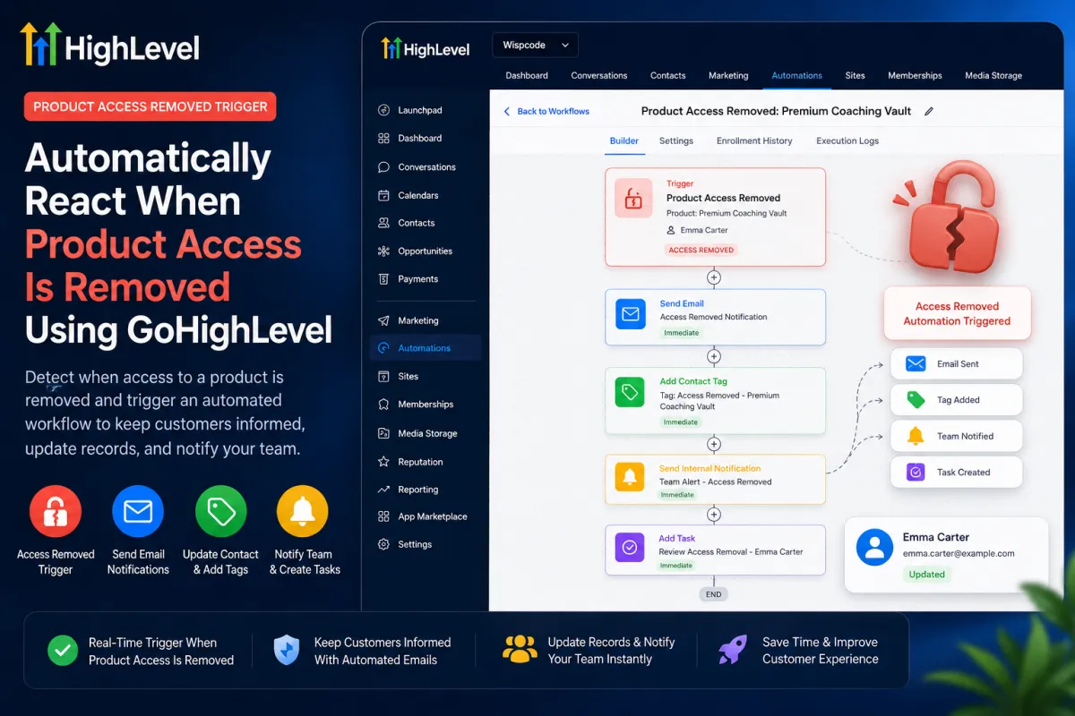 GoHighLevel Product Access Removed trigger workflow for Premium Coaching Vault showing automated email, contact tag, team notification, and task actions