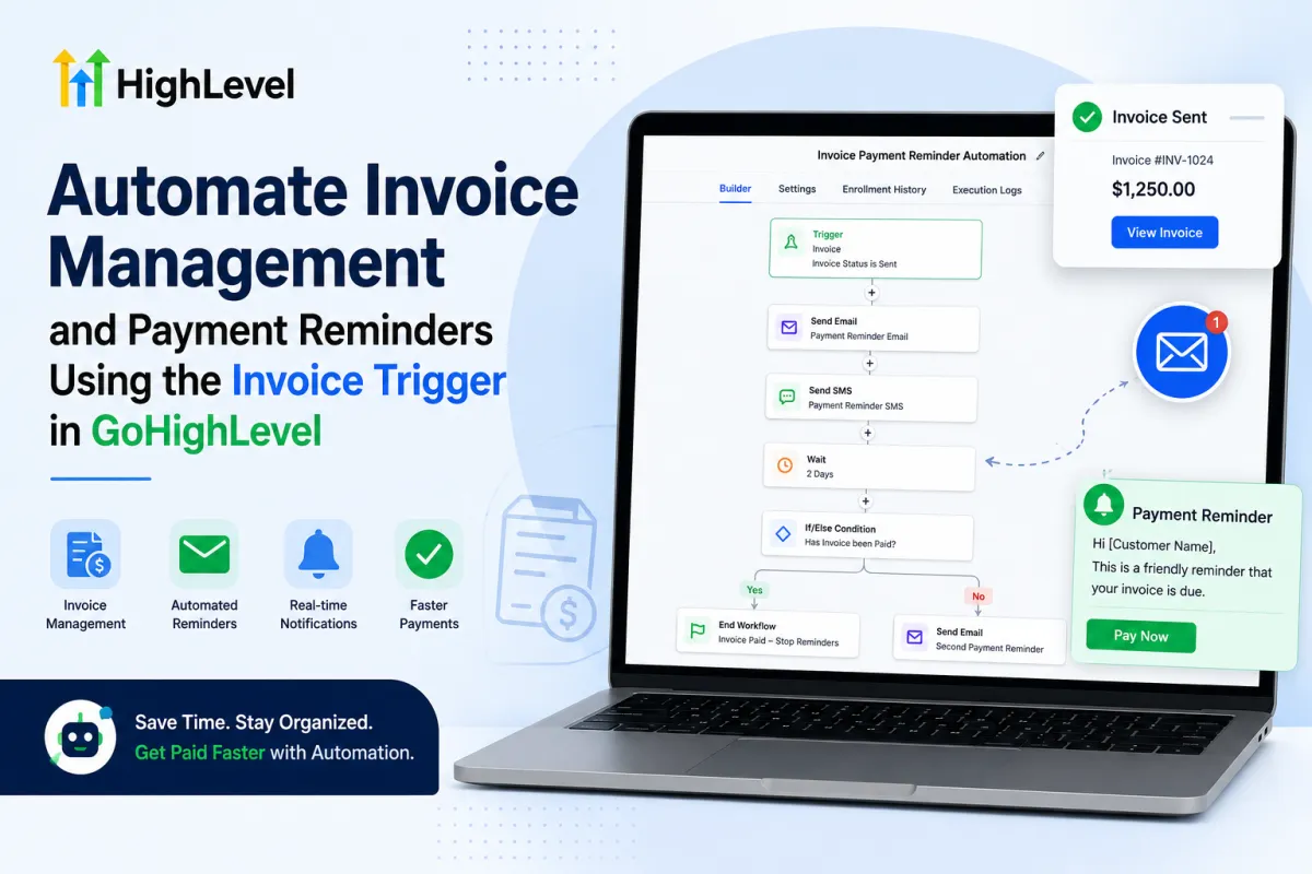 GoHighLevel Invoice Trigger workflow showing automated invoice management, payment reminders, email and SMS follow-ups, and payment status automation.